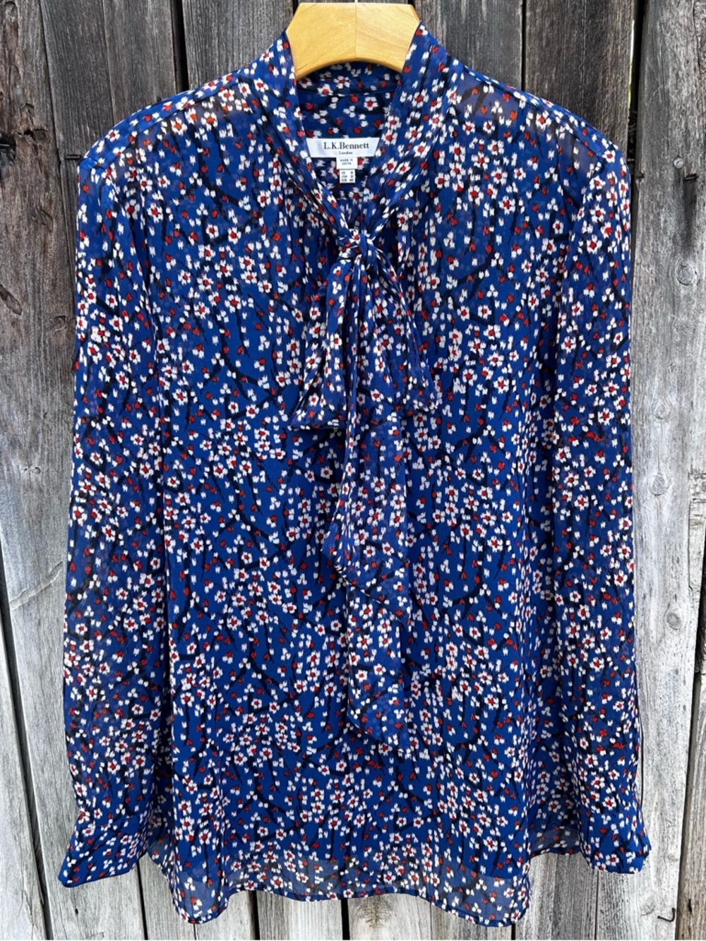 LK Bennett Alisa Floral Print Tie Neck Blouse Shirt Top Blue Multi Polyester 12